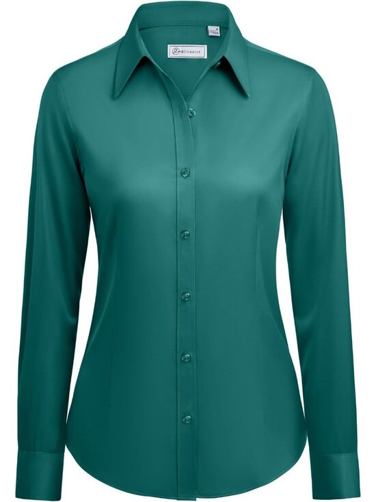 Tops - Women's Peacock Blue Button Down Long Sleeve Classic Fit Collared Wrinkle Shirts